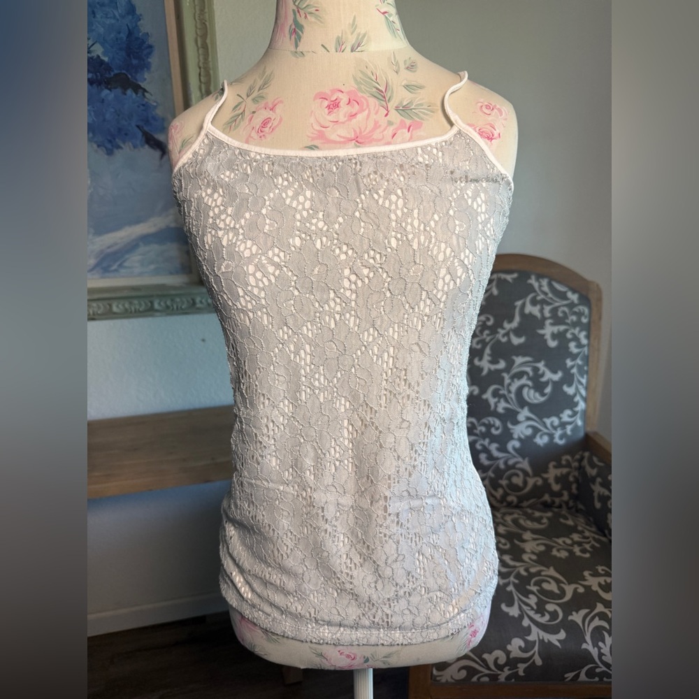 Ann Taylor loft gray lace over white spaghetti strap  lace tank top. S